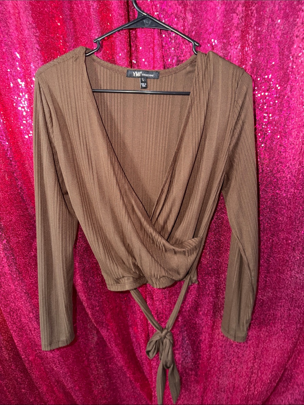 YMI Brown Ribbed Wrap Tie-Front Cropped Top